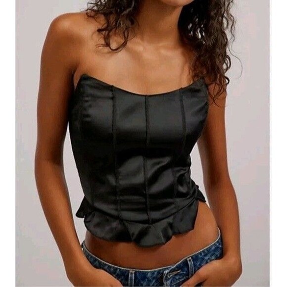 Intimately Free People Black Silver Siren Tube Top Corset Satin Womens Size M - Picture 1 of 11